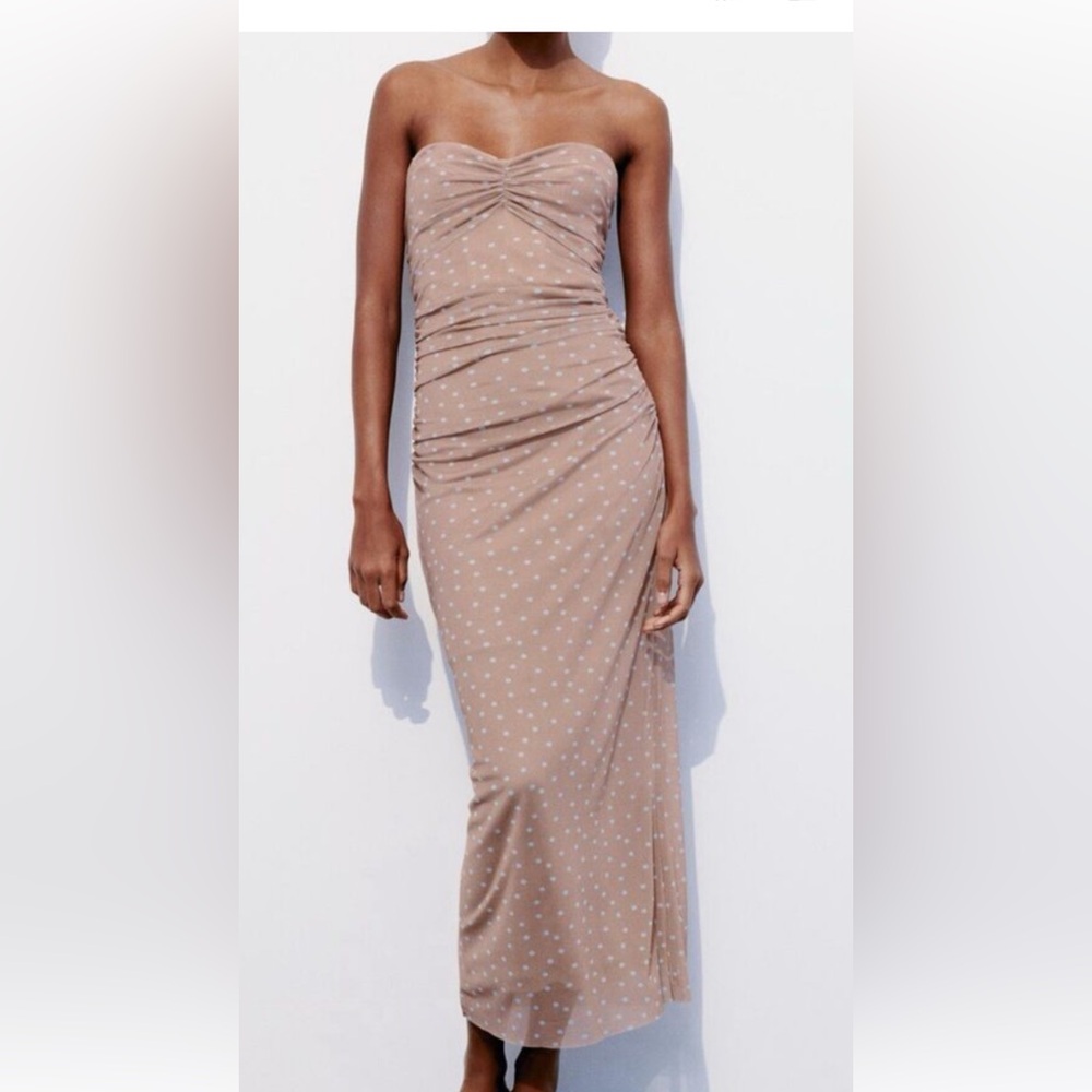 Zara Tan Strapless Ruched Bodycon polka dot Dress